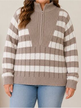 a new day Taupe and White Striped Half-Zip Pullover Size 3X Sweater